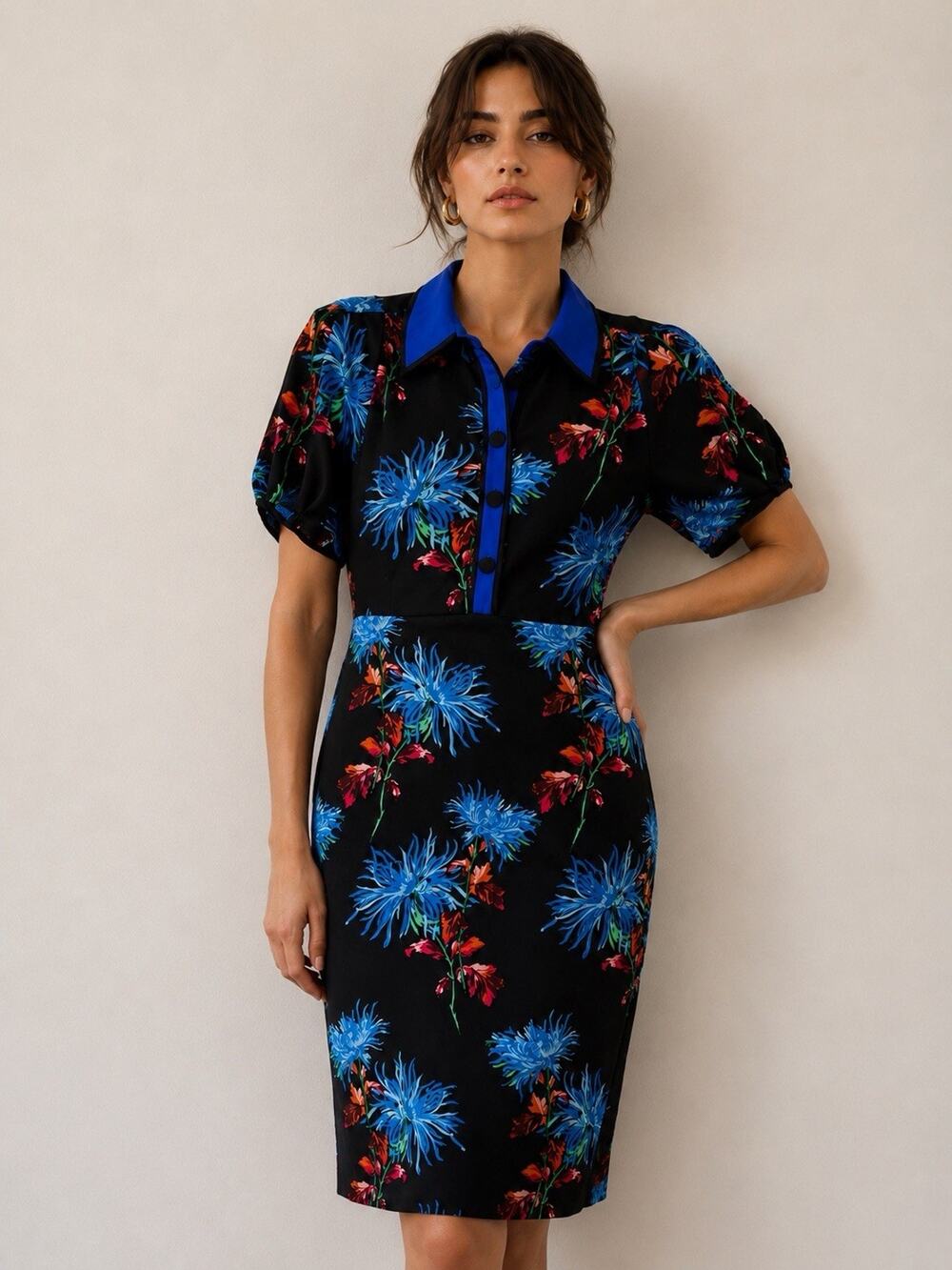 Diane von Furstenberg Dress 4 Black Blue Floral Silk Blend Collared Sheath Midi